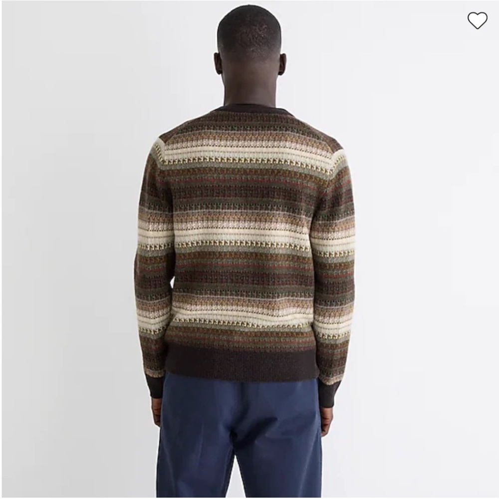 Mens Unisex J Crew Wool Fair Isle Cardigan Sweater Small brown V neck stripe tan - Picture 3 of 16